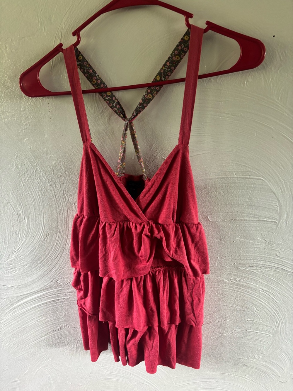 Red Tiered Ruffle Tank with Crisscross Straps flower details